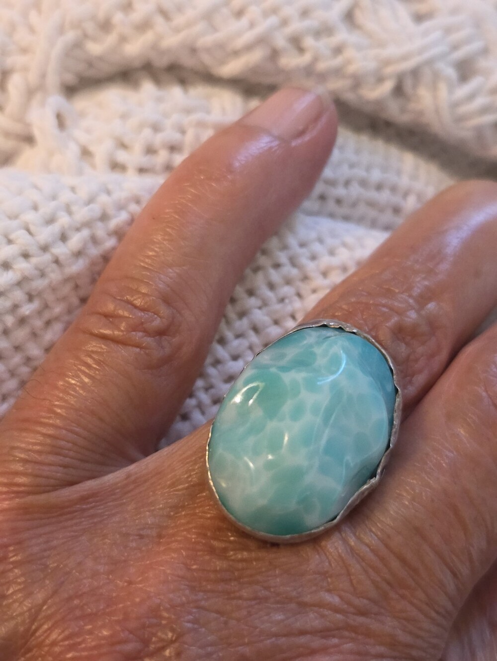 Vintage OOAK Handformed Larimar Stone Ring Silver Setting Size 4